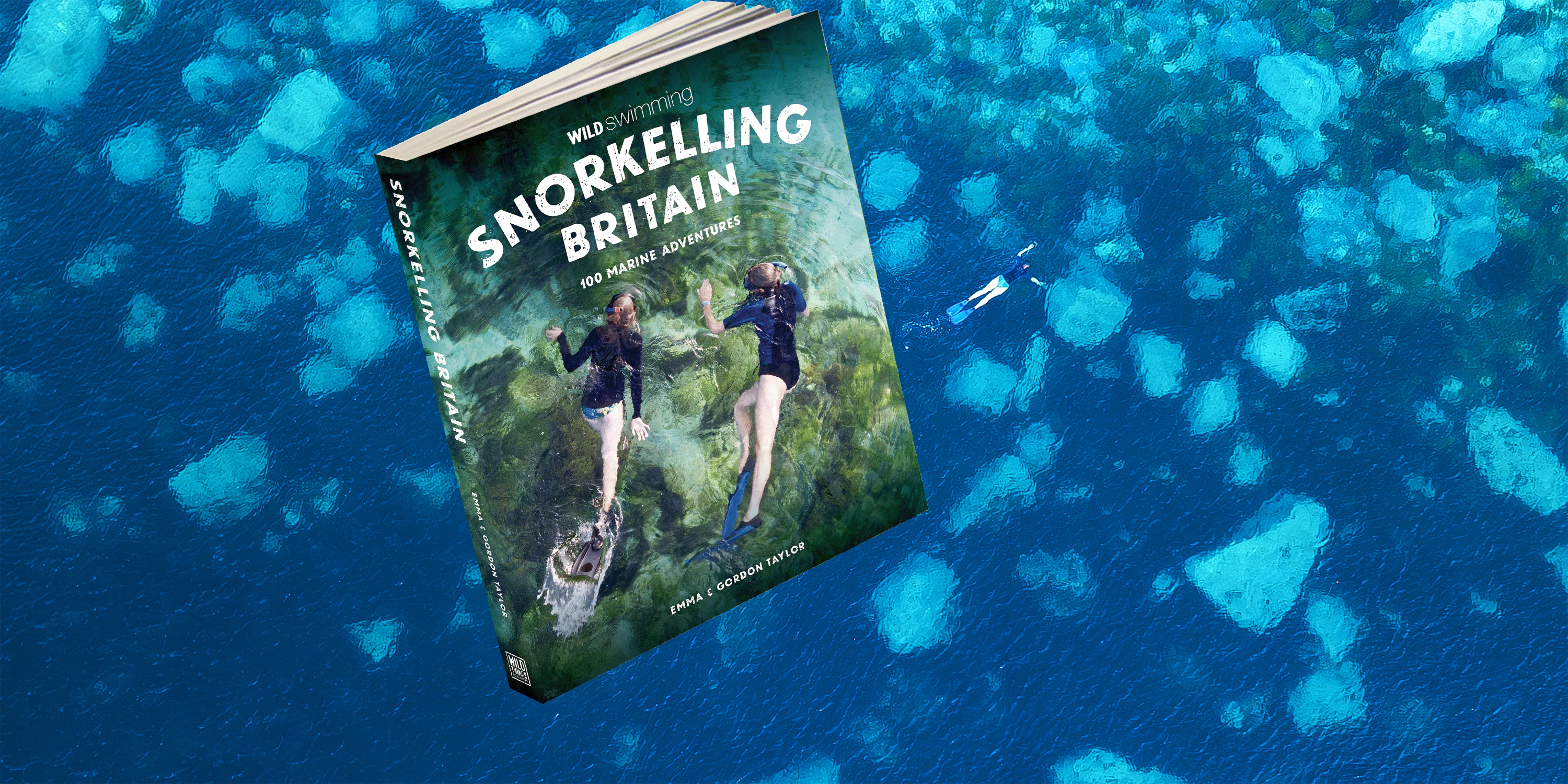 Snorkelling Britain book cover with drone view of woman snorkelling behind